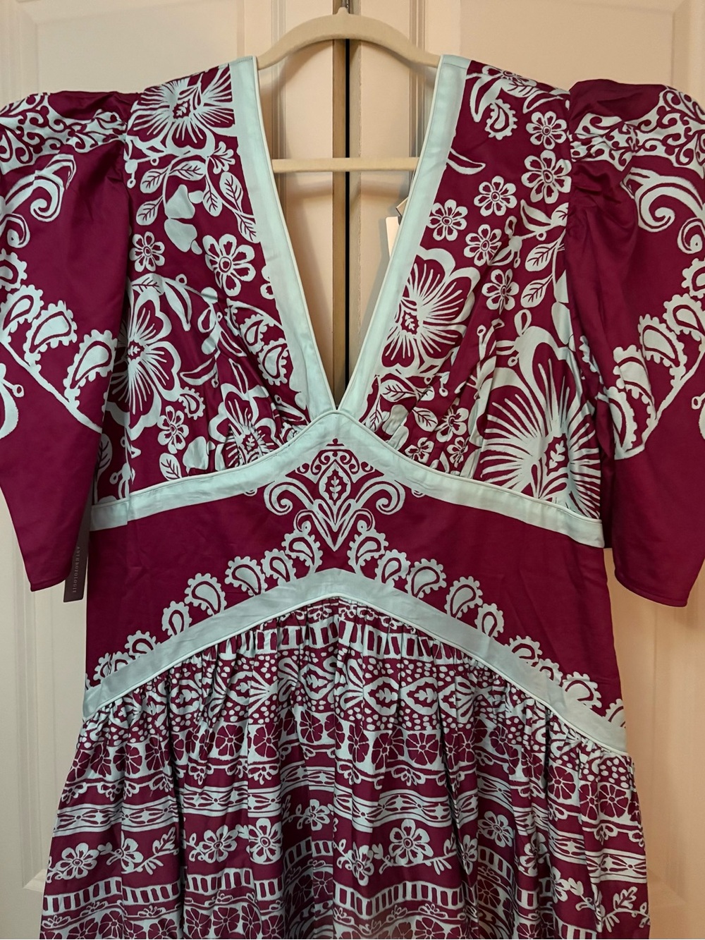 FARM Rio X Anthropologie Burgundy and Blue V-Neck Puff-Sleeve Midi/Maxi Dress - Picture 14 of 16